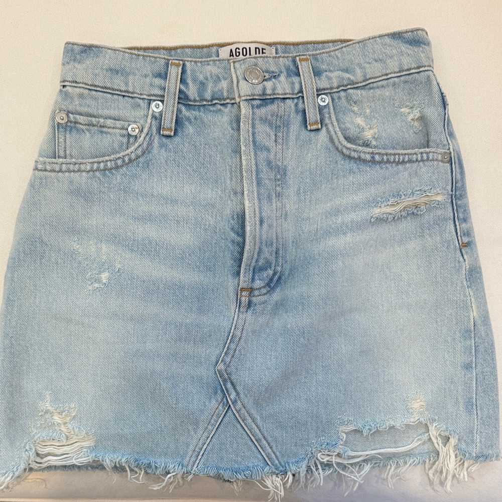 Agolde Distressed Light Blue Mini Skirt